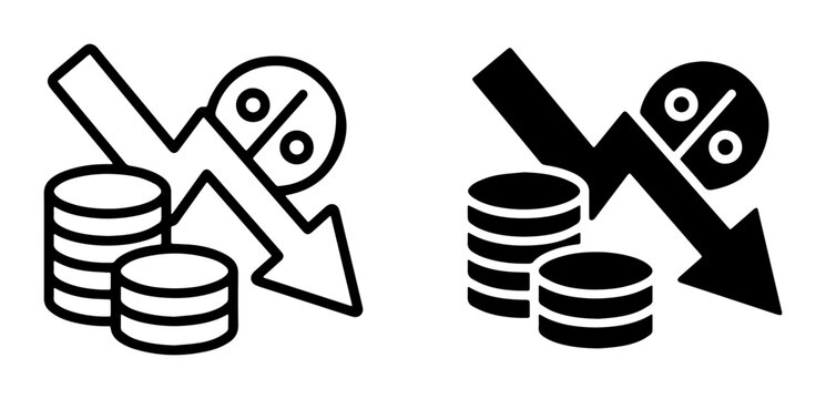 Financial Crisis Icons: Falling Coins, Percentage Decline, Downward Arrow, Economic Downturn, Business Loss