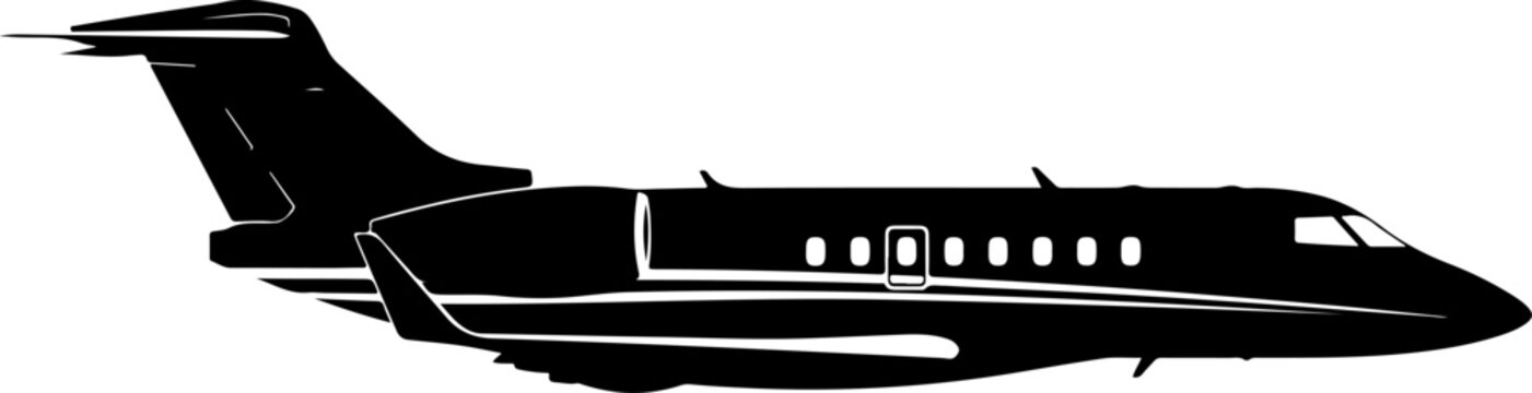 Black airplane, private jet, aircraft silhouette, vector plane
