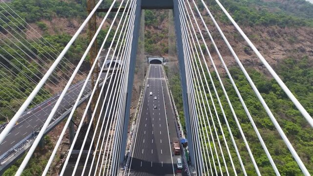 Western Ghats Expressway Aerial View,
Modern Expressway Bridge Maharashtra India,
Aerial Drone Shot of Lonavala Expressway Missing Link


