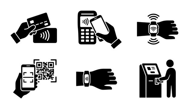 Contactless Payment Icons: Credit Card Tap, NFC Mobile Pay, Smartwatch Transaction, QR Code Scan, ATM Use, Digital Wallet Set