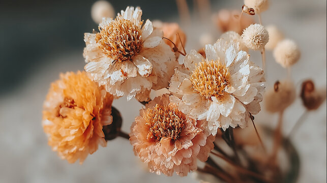 Macro shot of delicate dried strawflowers in warm orange and white tones with strawflower