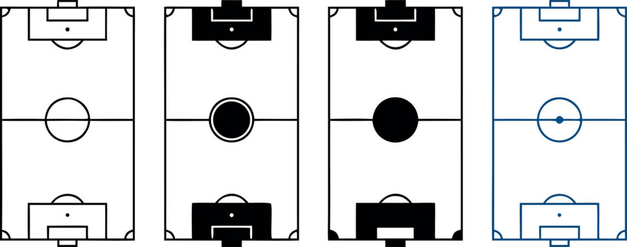 Soccer football stadium pitch field top view blueprint icon set with tactical lineup layout elements