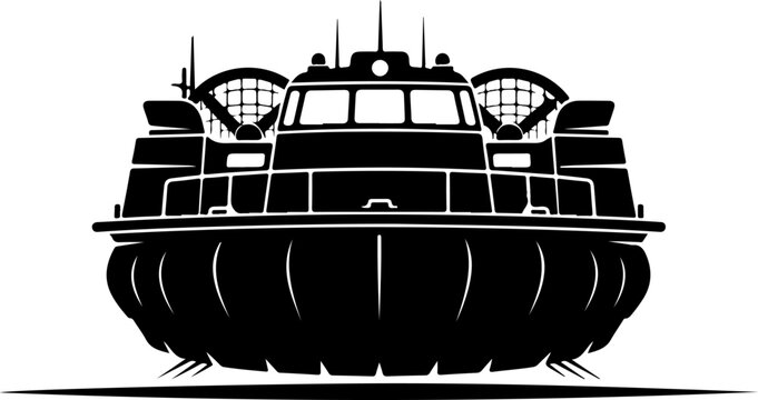 Black hovercraft, air cushion vehicle, vector illustration, transportation icon