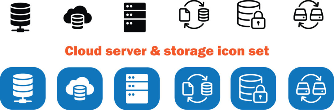 Cloud server and storage icon set featuring database hosting and network infrastructure vector graphics.