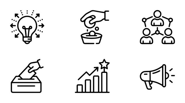 Business Icons Set: Idea, Investment, Teamwork, Voting, Growth, Marketing, Vector Graphics