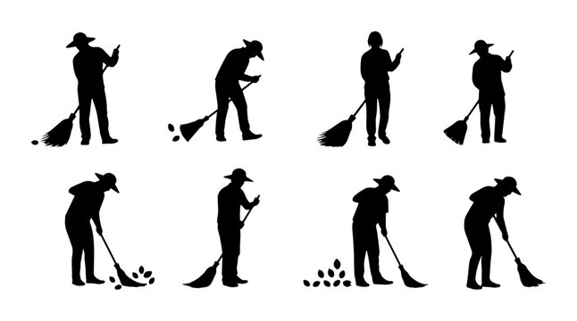 Street Sweeper Silhouettes: Worker Cleaning with Broom, Set of 8 Vector Icons for Sanitation and Maintenance Concepts