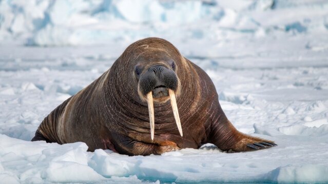 Walrus reclining on snow covered ice floe in polar sea