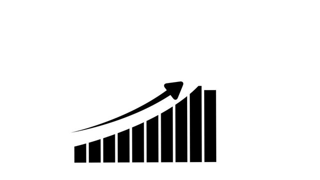 Business growth bar chart animation with rising arrow on white background