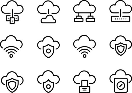 Cloud computing and cybersecurity outline icon set