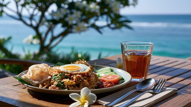 nasi goreng lunch, indonesian fried rice with chicken and egg