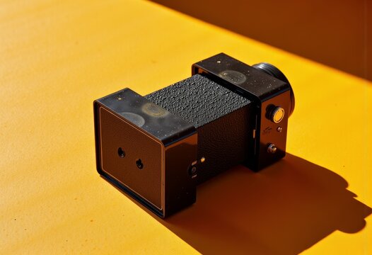 Vintage Box Camera on Vivid Yellow Surface with Dramatic Shadows