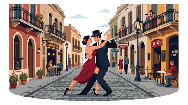 Vibrant street scene with a passionate tango dance in a charming old city district, capturing the essence of Argentine culture and romantic evenings