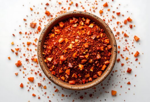 Bowl filled with red spicy chili powder and dried pepper pieces viewed from above. aleppo pepper flakes