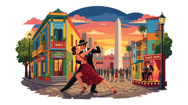 Couple dancing tango on a colorful street in Buenos Aires Argentina with vibrant buildings and a city monument under a sunset sky vector illustration
