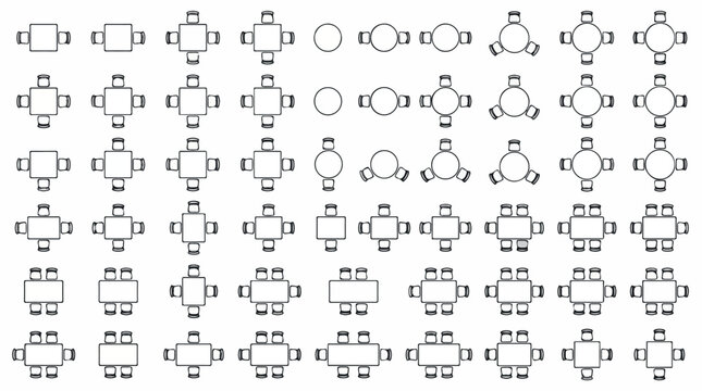 Architectural floor plan symbols of tables and chairs, 50 furniture top view icons for interior design, dining table layout vector set for blueprints