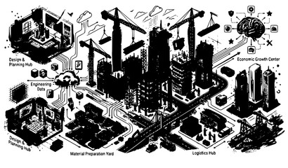Obraz premium Futuristic Smart City Isometric Illustration Featuring Artificial Intelligence Urban Development Construction And Digital Technology Infrastructure
