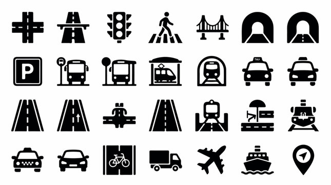 Transportation and city infrastructure icon set, 28 black solid vector symbols, urban traffic and public transit navigation elements for maps and apps