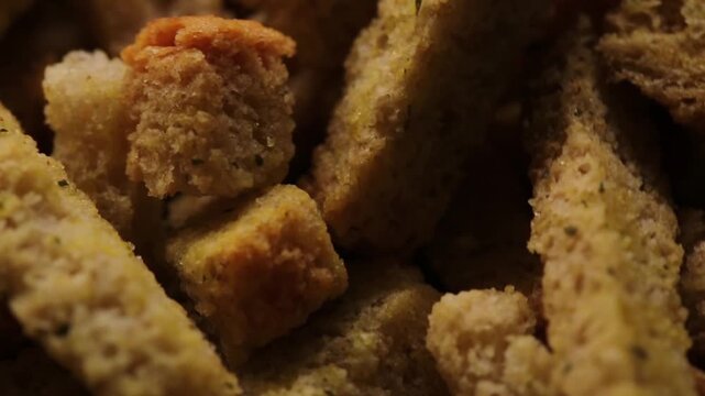 Crispy beer snack in macro midi, croutons with different flavors close up