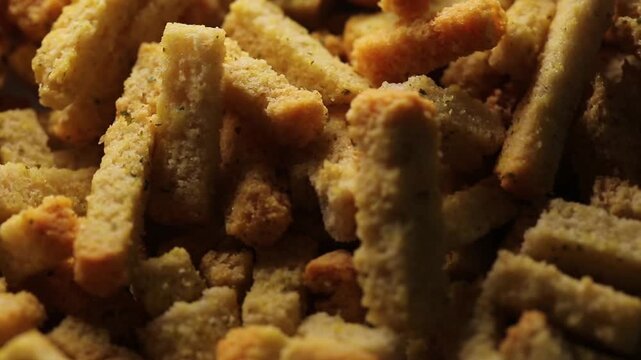 Crispy beer snack in macro midi, plate with bread croutons close up
