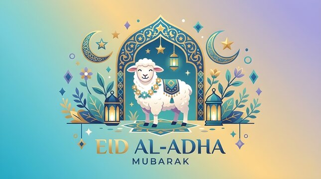 Happy Eid Al Adha Greeting Card Illustration: Cute Sacrifice Sheep with Mosque and Palm Trees Background in Flat Vector Style