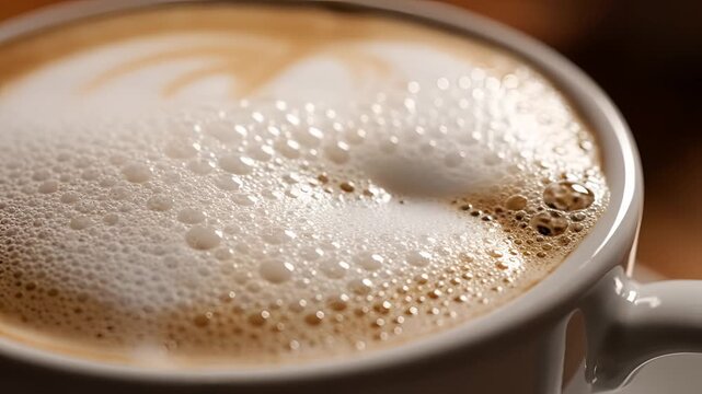 Close up of a frothy cappuccino in a white mug with latte art.
