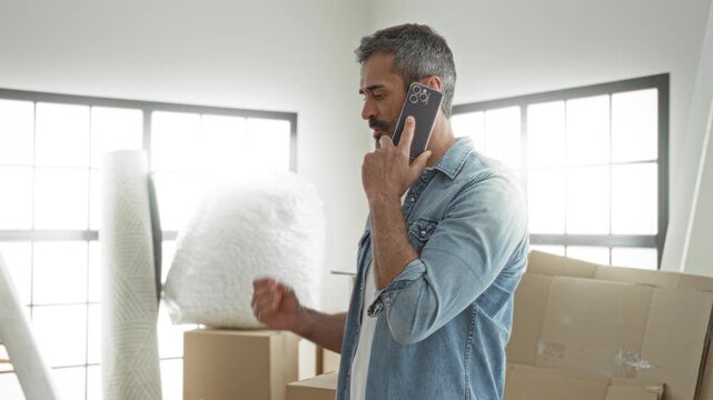 Man talking on smartphone, gesturing with left hand near stacked moving boxes, bubblewrap and rolled rug inside a building with large windows; focused planning.