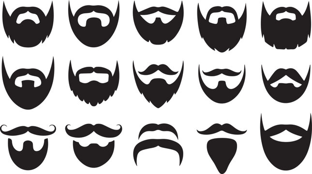 Set of isolated vector facial hair styles on white background. Beards and mustaches types big collection. Silhouette vintage beard and mustache. Hipster style emblems, icons, labels