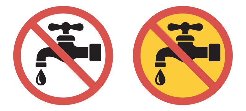 Water prohibition icon set, no drinking water restriction symbols, safety warning signage graphics, public health alert and hazard communication vector illustration.