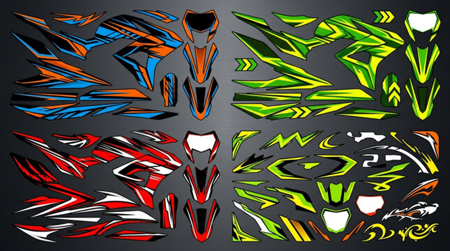 Collection of colorful graphic vehicle decals and stickers.