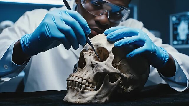 Scientist examining human skull in high-tech laboratory. Professional pathologist using probe for forensic bone analysis. Ideal for criminal investigation, medical education, and anthropology themes.