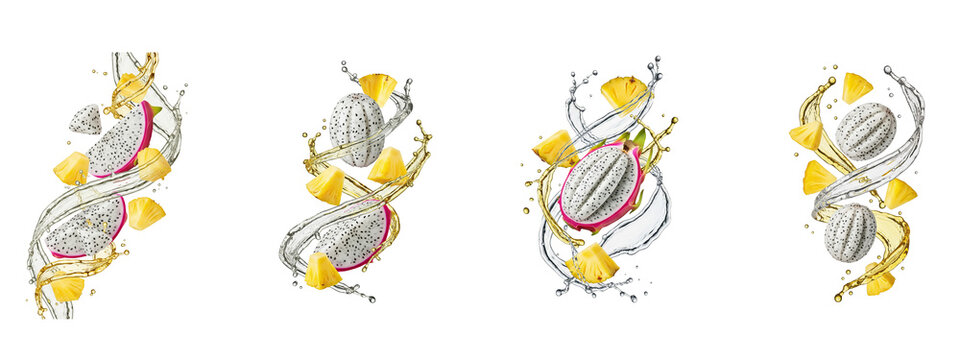 Dragon fruit and pineapple slices with water splashes on black background
