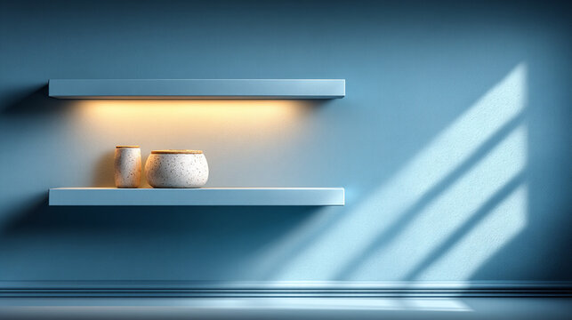 Minimalist interior design with two floating shelves and ambient lighting, shadow play