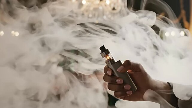 Hand holding an electronic cigarette emitting thick vapor in a luxury lounge. Person using a vape device in an elegant interior with green curtains. Modern lifestyle and smoking alternative concept.