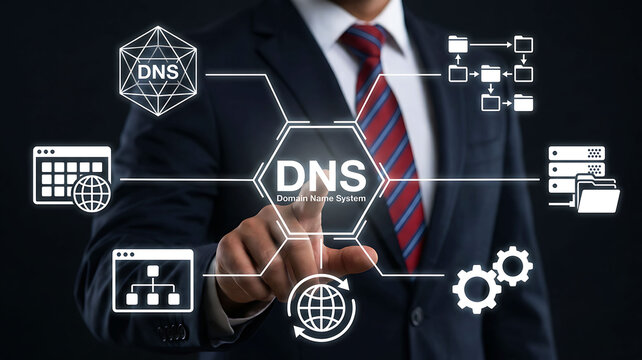 Businessman pointing to DNS Domain Name System icon for network technology concept