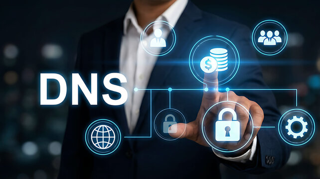 Businessman pointing to DNS acronym icon on virtual screen for domain name system