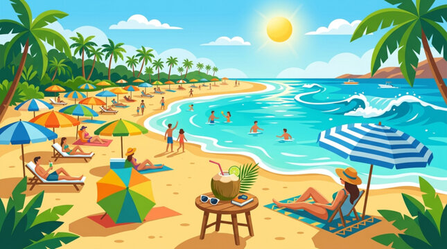 People relaxing on a vibrant tropical beach with palm trees colorful umbrellas and ocean waves under a bright sunny sky