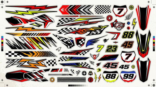 Collection of racing decals and stickers for vehicles.