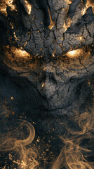 Obraz premium Dark volcanic creature portrait with glowing molten cracks and swirling smoke in a dramatic fantasy style.