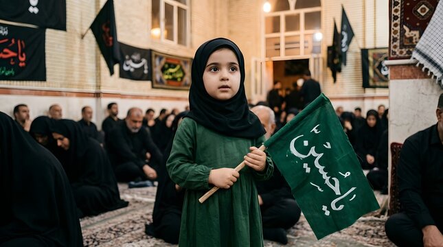 Young girl in hijab holding a flag during a religious ceremony.