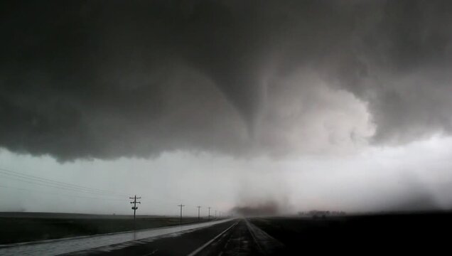 A cone shaped tornado stirs up dust along a rural highway in the plains in this storm chaser dashcam footage.. 