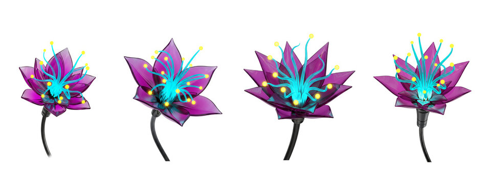 Four abstract purple glass flowers with glowing blue stamens on black