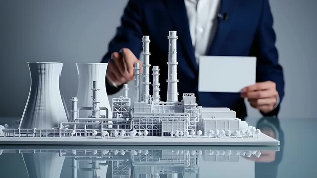 Businessman presenting a scale model of an industrial power plant. Professional holding a blank white card for copy space next to a factory mock-up. Energy infrastructure planning concept.