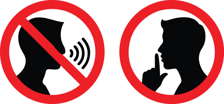 Silent please sign. Crossed person talking, Shhh icon in circle