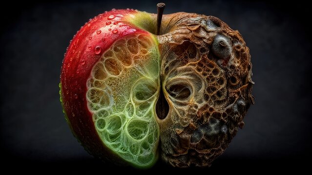 A fractal apple with skin exposing cellular details, half pristine and half in decay.
