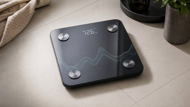 A modern bathroom scale displays abstract weight visualization on neutral tiles with soft shadows in a minimalist health concept.