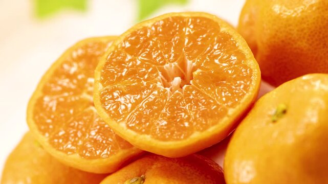 新鮮なカットみかん 断面の鮮やかなオレンジ色 柑橘系フルーツ 冬の旬の果物素材
