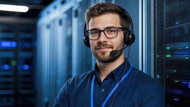 IT specialist in a data center wearing a headset, with cool blue lighting and blurred server racks in the background.