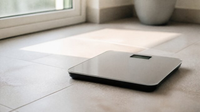 A bathroom scale on tiled floor, symbolizing health awareness and minimalist lifestyle.