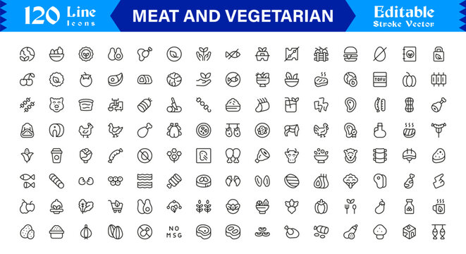 Meat And Vegetarian Line Icon Collection &ndash; Modern, Minimal, Editable Outline Icons for Food, Diet, Nutrition, Cuisine, Organic and Culinary Design