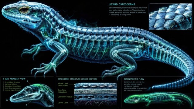 X-ray vision of lizard skin showing intricate bone patterns like living armor, glowing with biological energy.